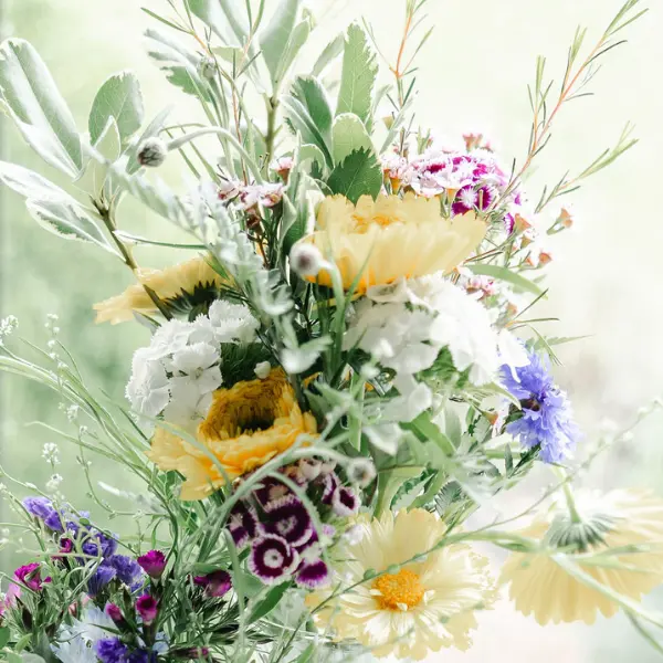 spring_featured_image Up close view of a spring bouquet with yellow, purple and green accents