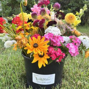 DIY monthly flower bucket with bright flower farm flowers.