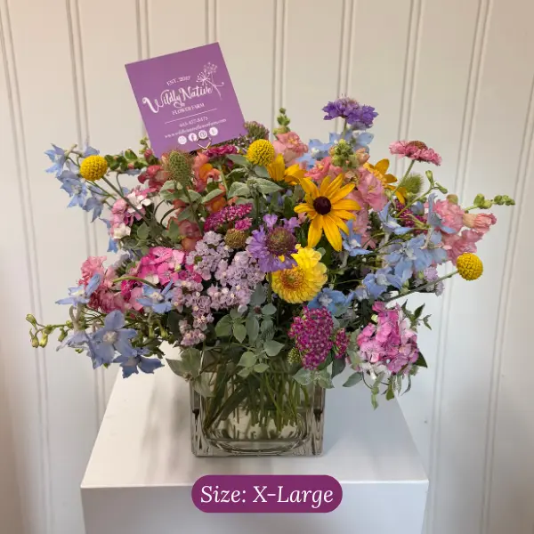 Bright colors sympathy arrangement in a vase, size xl, by Wildly Native Flower Farm