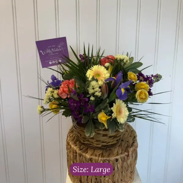 Colorful Large Funeral Sympathy Basket Arrangement by Wildly Native Flower Farm