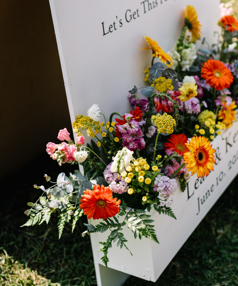 Bride kissing her groom amongst tall grasses holding an oversized cascading bouquet of yellow, and various pink flowers