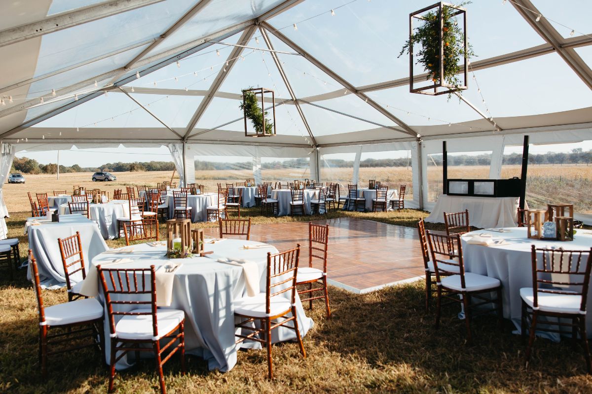 clear top tent with flower chandeliers
