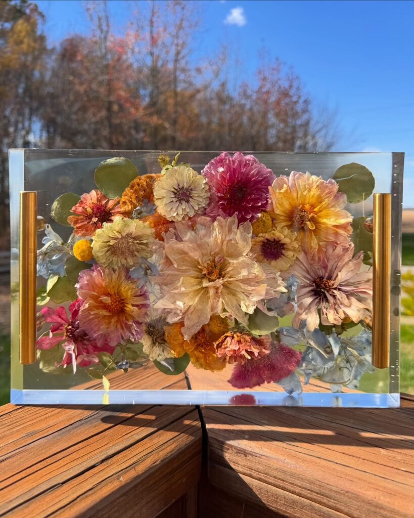 Colorful flowers preserved in resin.