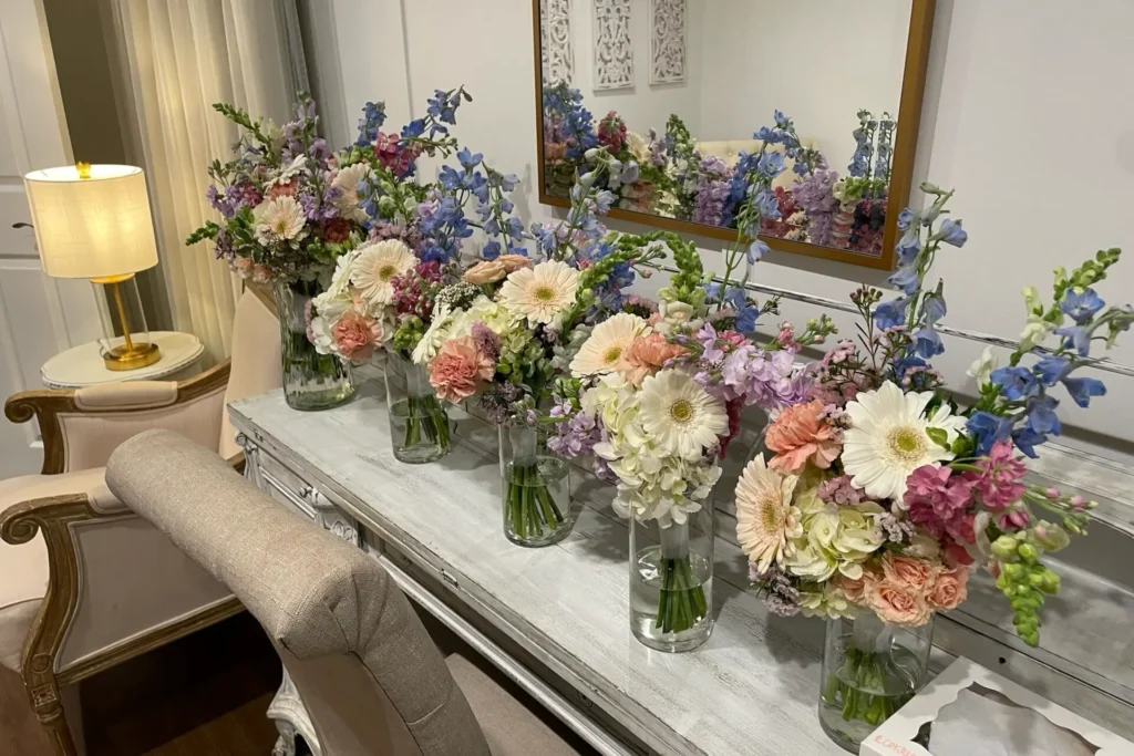 Bridesmaids Bouquets lined up by Wildly Native Flower Farm for a wedding