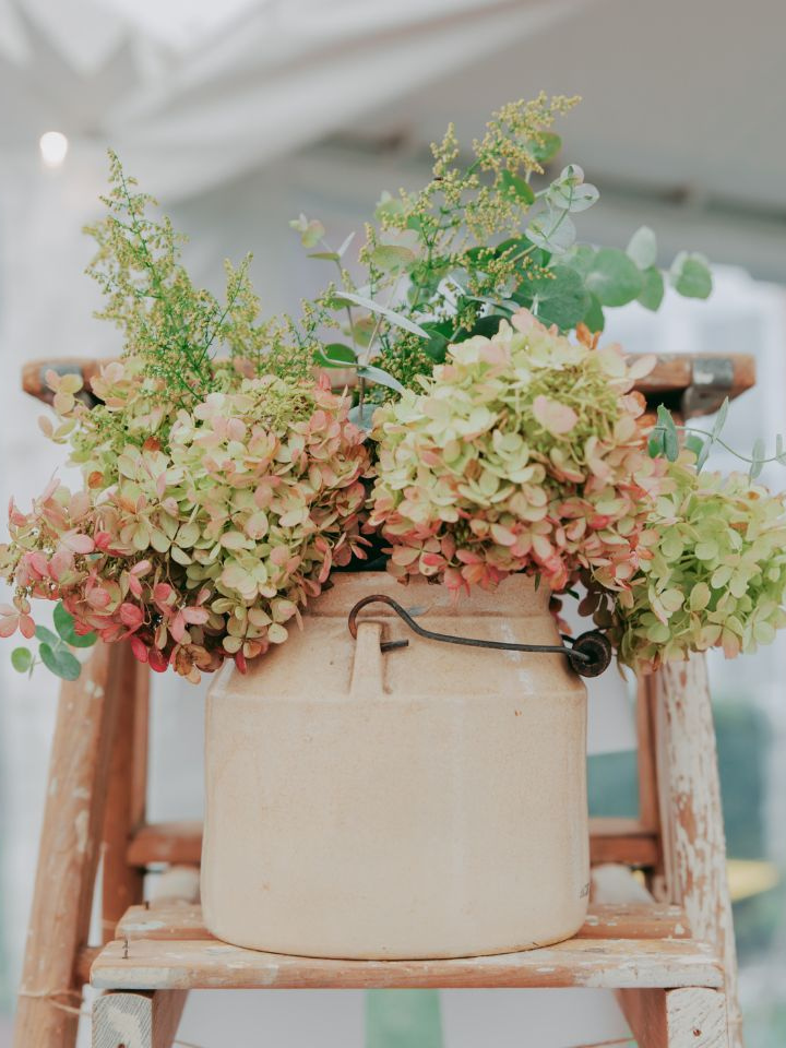 Vintage pot with hydrangeas