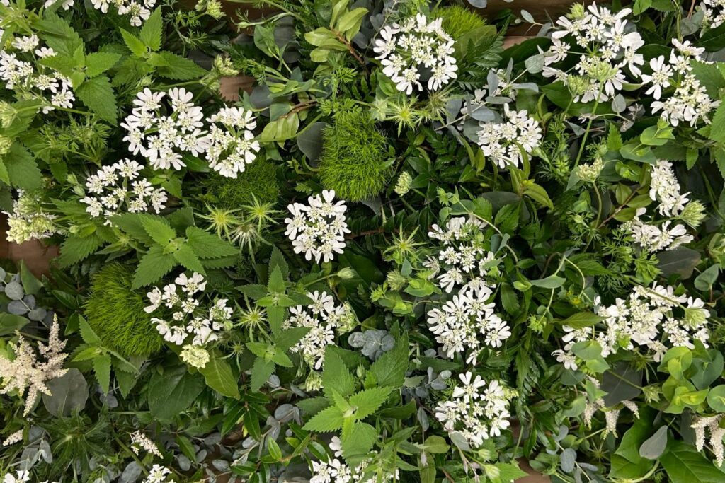 Close up of white and green wedding flower arrangements.