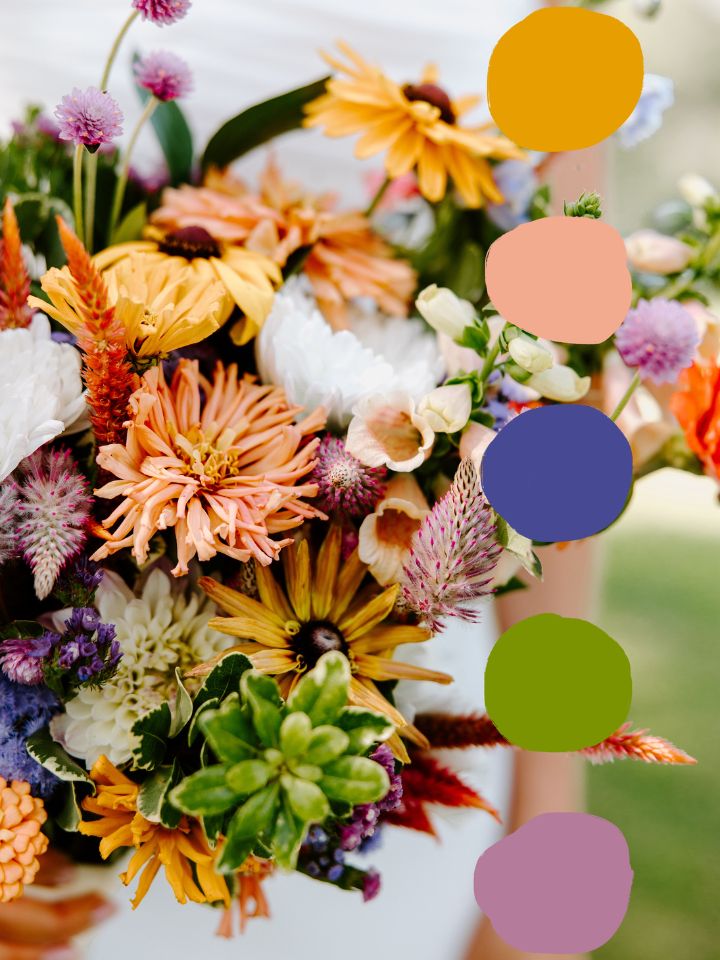 Closeup of summer wildflower summer bridal bouquet with color swatches overlayed.