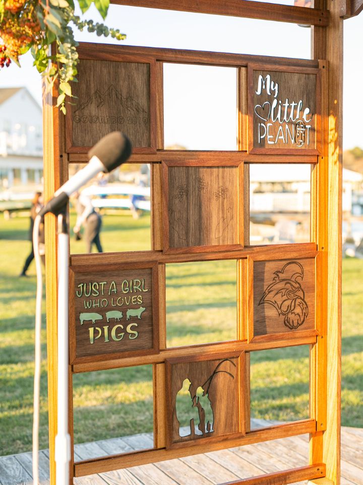 Close up of wood panels in a wedding arch with custom cutouts.