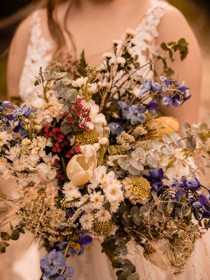 Close up of pastel spring wedding bouquet
