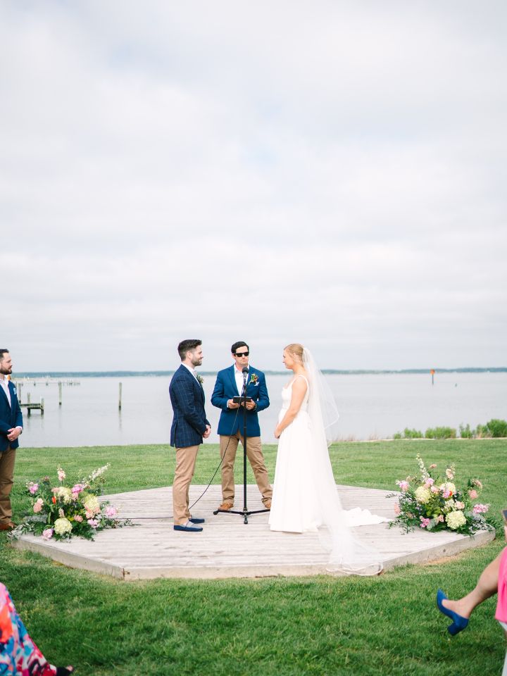 Bride and groom at their waterfront wedding ceremony.