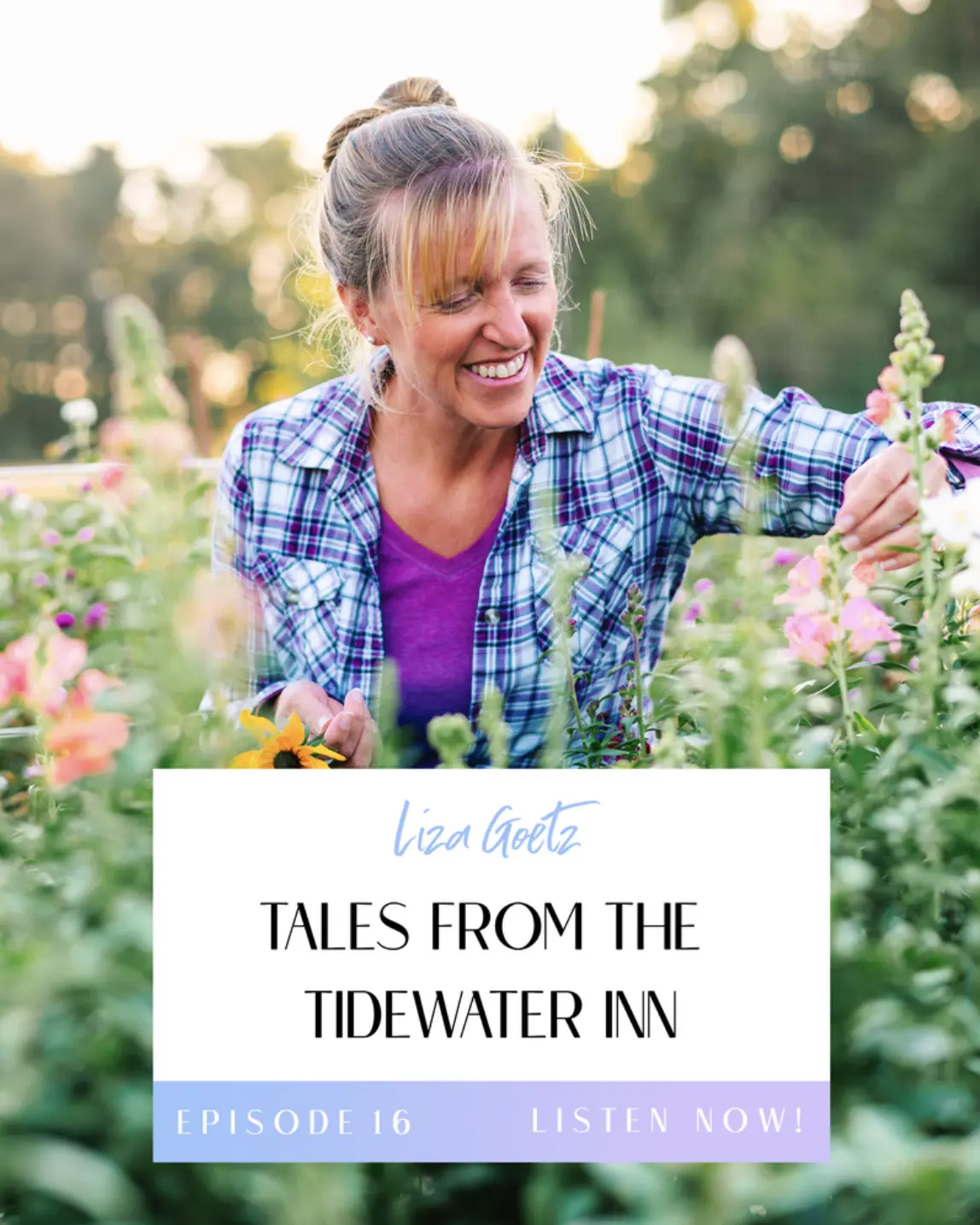 Episode 16 Title Image of Liza in the flower field smiling looking down from the camera