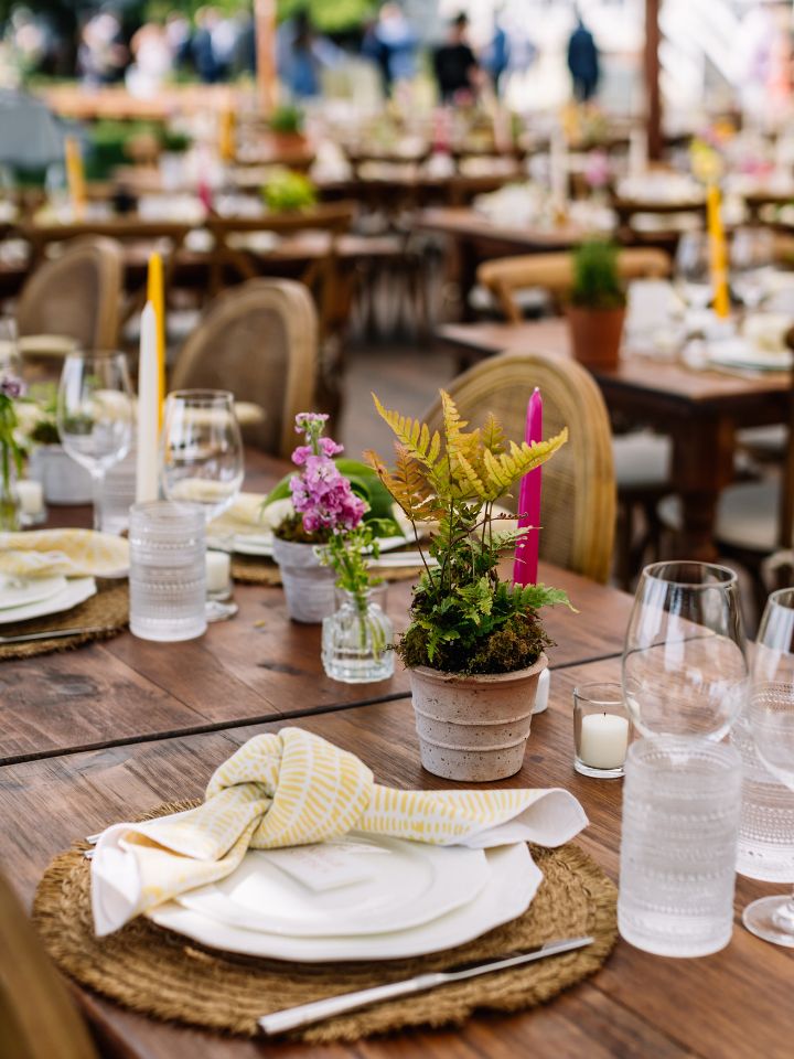 Citrus wedding color taper candles and potted plants.