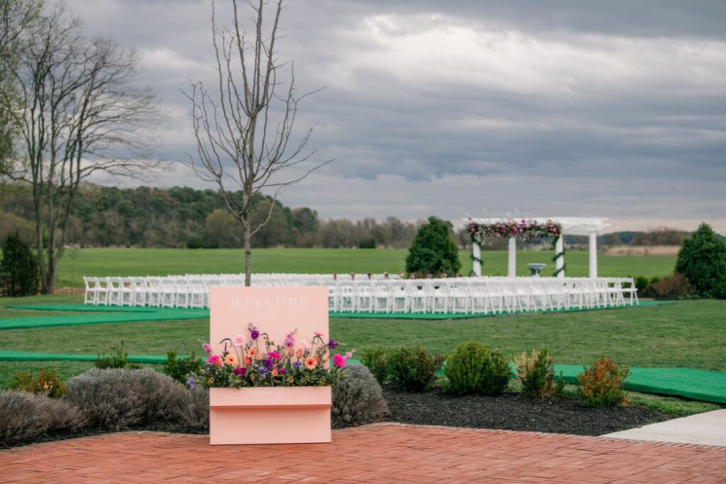 Wide shot of outdoor pergola at Kent Island Resort for wedding ceremony