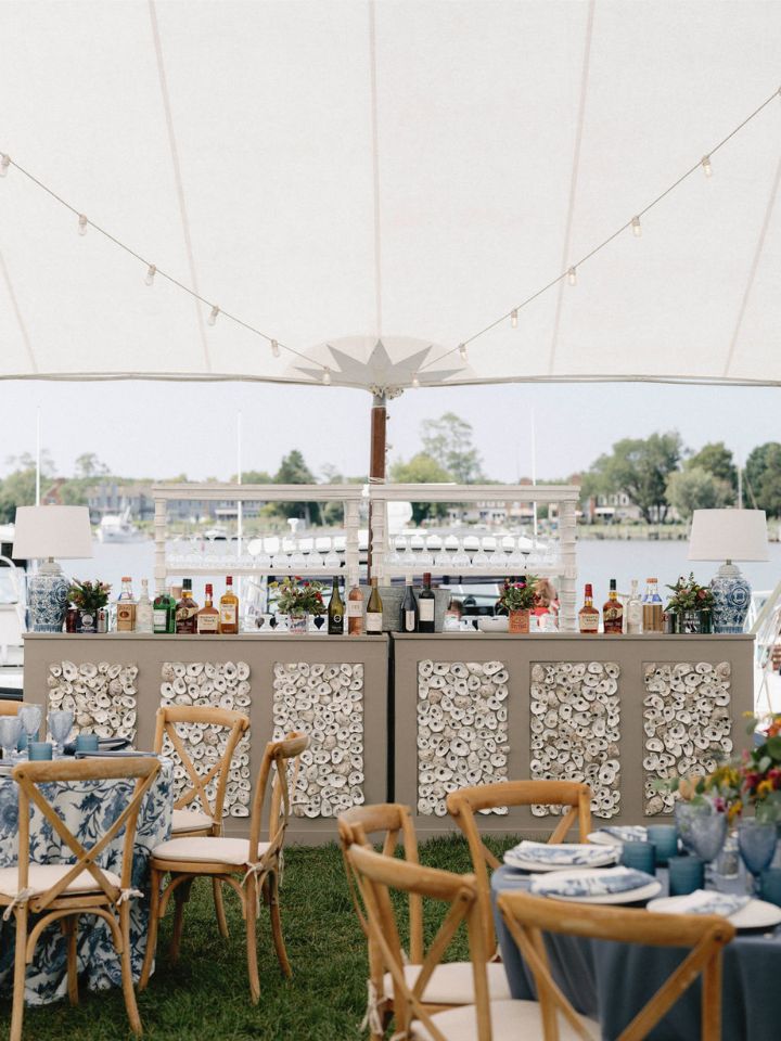 Oyster Shell bar with grey trim creates a focal point for a wedding reception at the Chesapeake Bay Maritime Museum.
