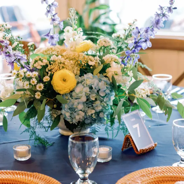 Yellow, blue and white floral arrangement