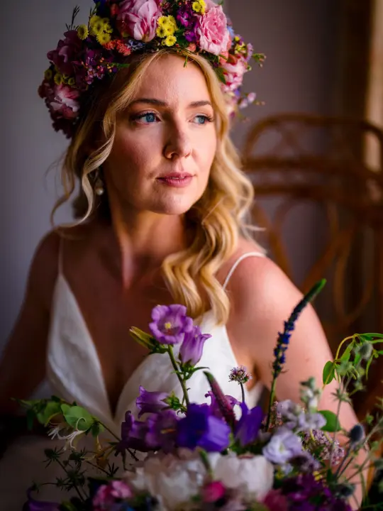 bridefloralcrown Bride wearing a floral crown