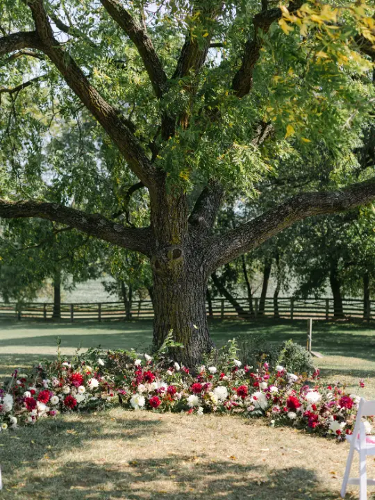 groundfloralceremonyarch ground floral ceremony installation by Wildly Native Flower Farm using red, white, and greenery