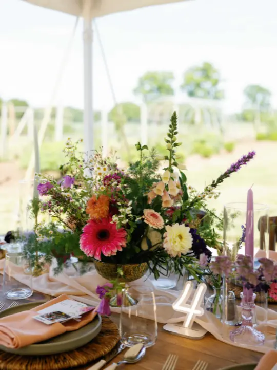 bright-floral-arranagement-compote Bright and Wild Compote Arrangement on a Harvest Table