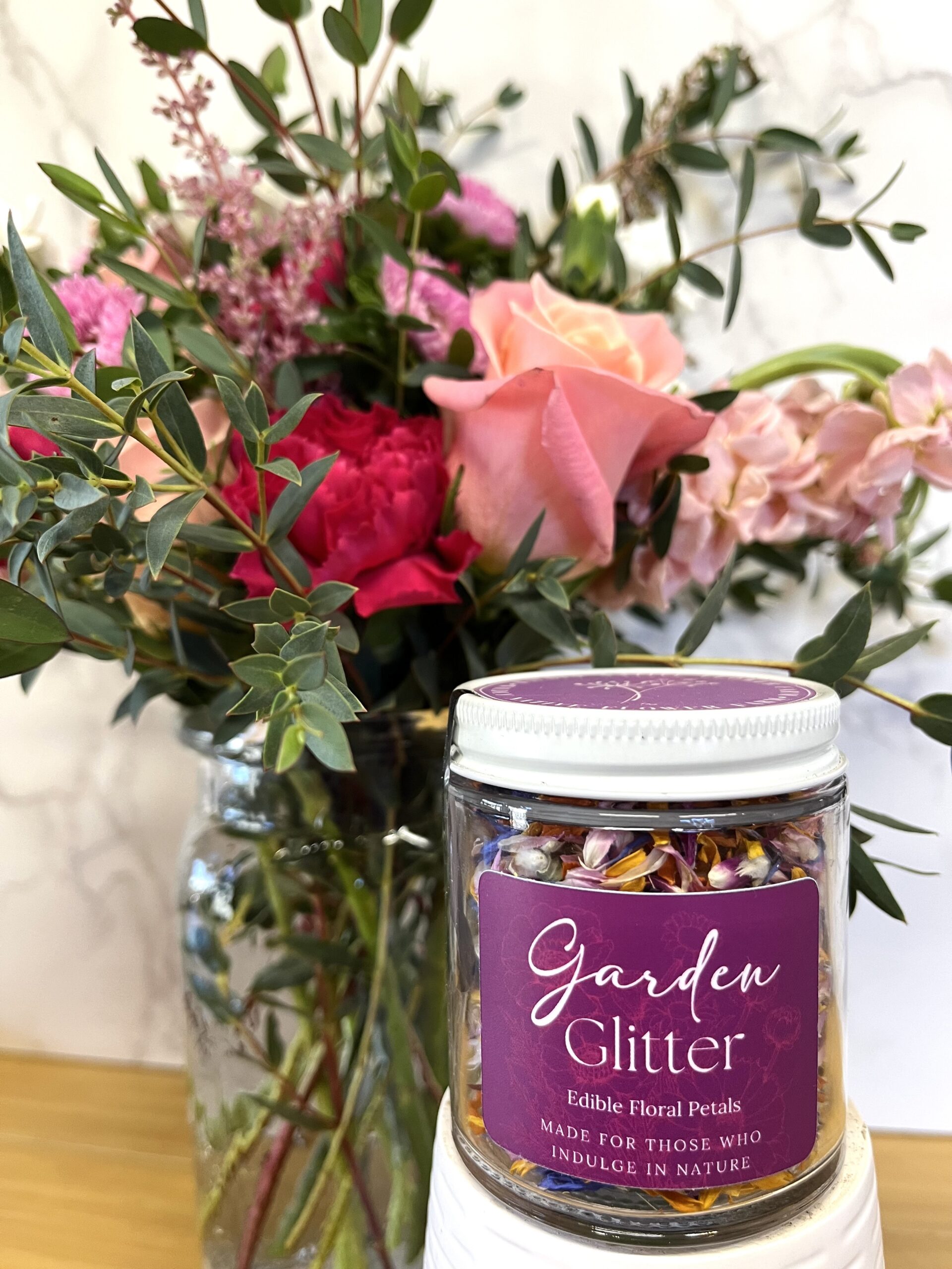 Garden Glitter edible petals with a Valentine's Day vase