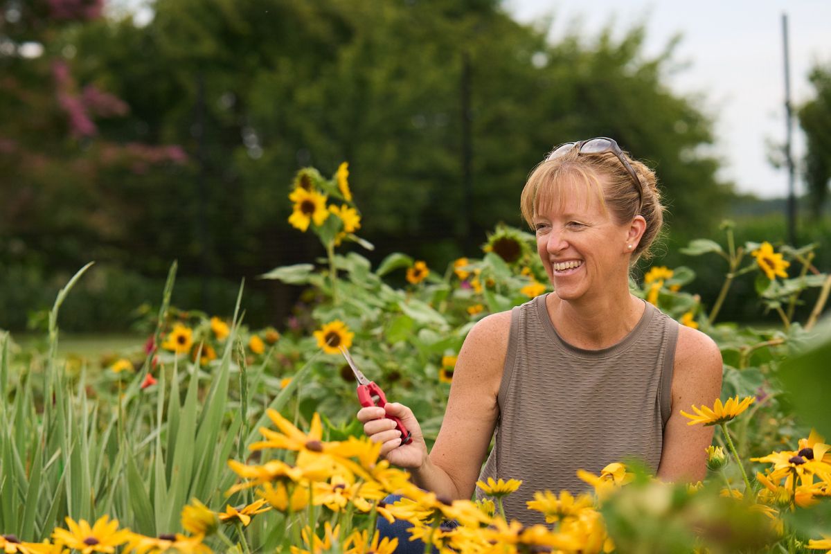 liza black eyed susans Liza sits in a row of black eyed susan cut flowers and smiles