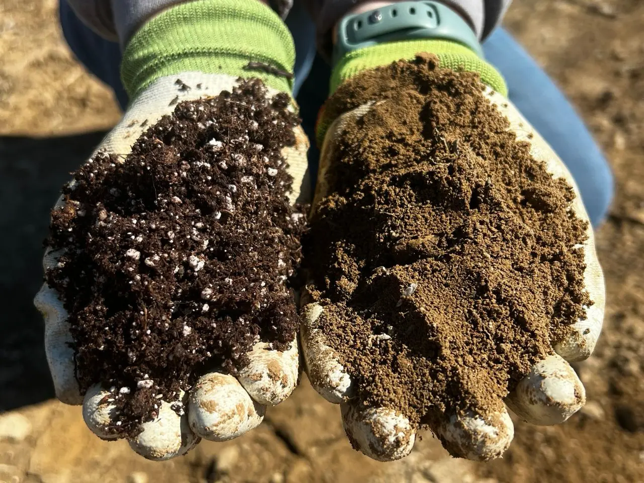 Gardeners hands showing different types of soil