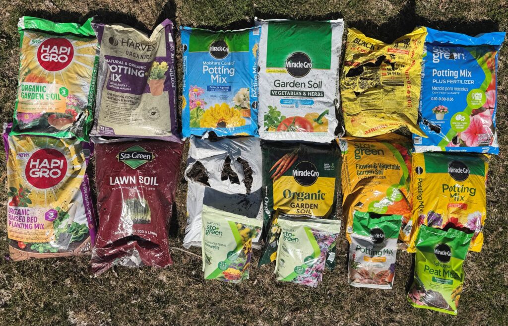 Various brands of garden soil vs potting mix bags