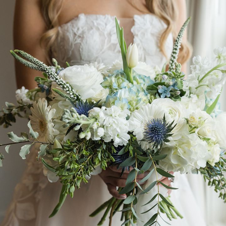 Blue and white bridal bouquet.