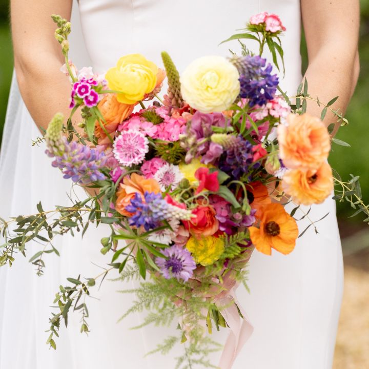 Bright colored spring ranunculus bridal bouquet.