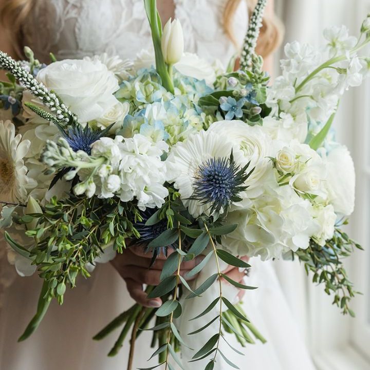 organic sq blue and white floral bridal bouquet