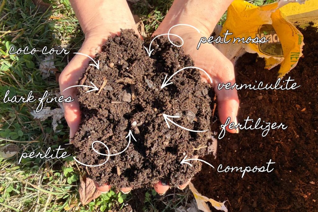 Hands holding potting mix, with white text and arrow overlay labeling different parts.