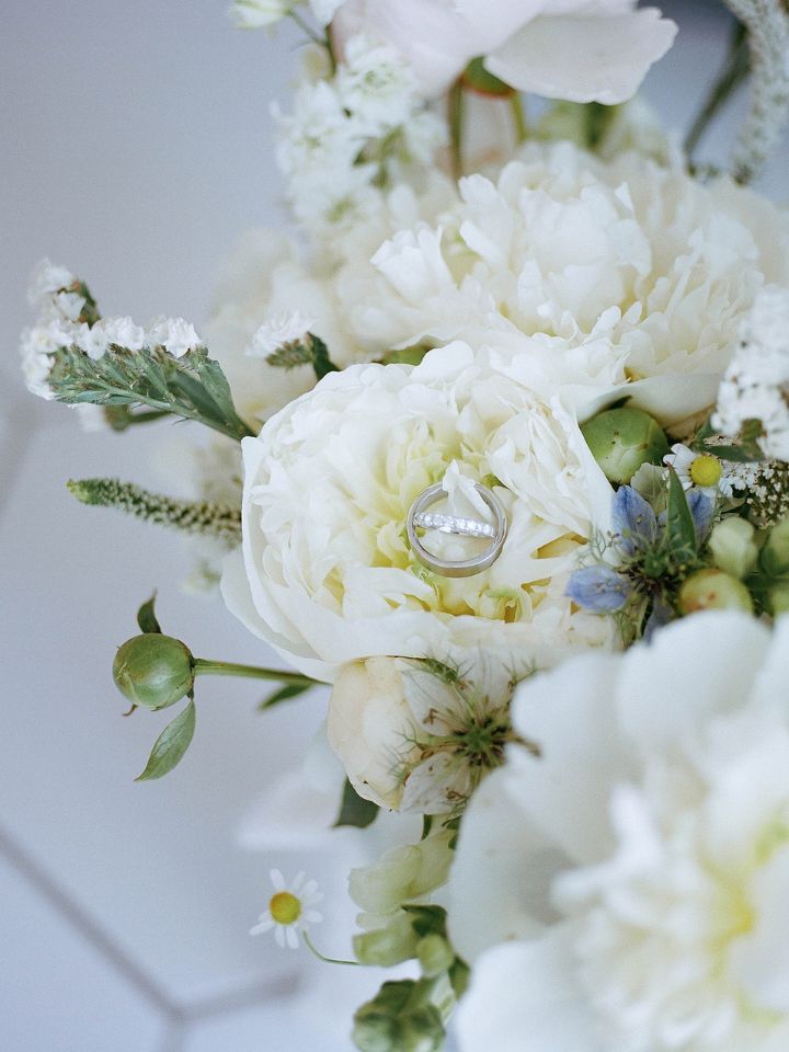Closeup of white wedding bouquet.