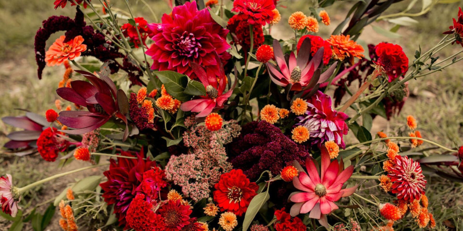 Closeup of dark fall wedding flowers.