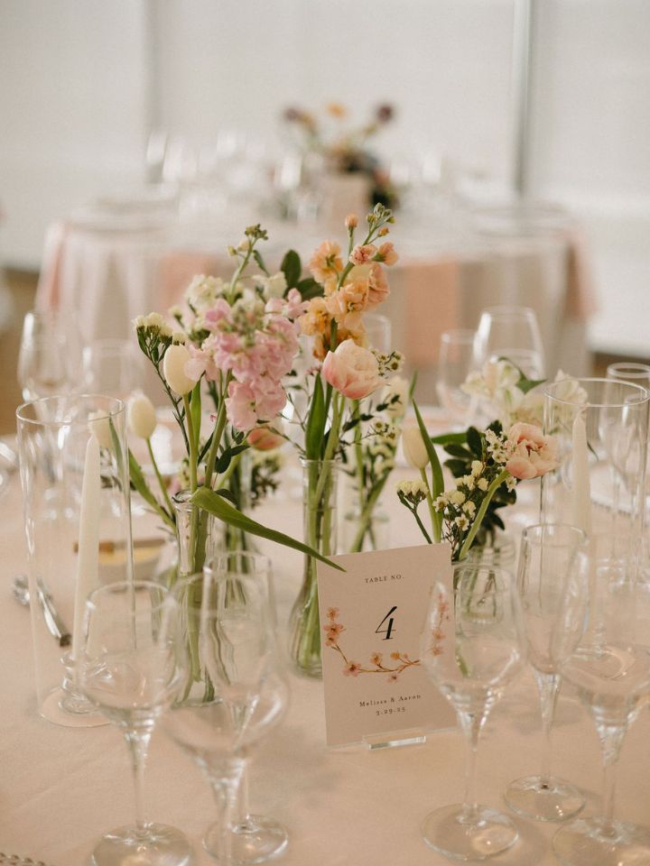 Bud vases with spring pastel florals.