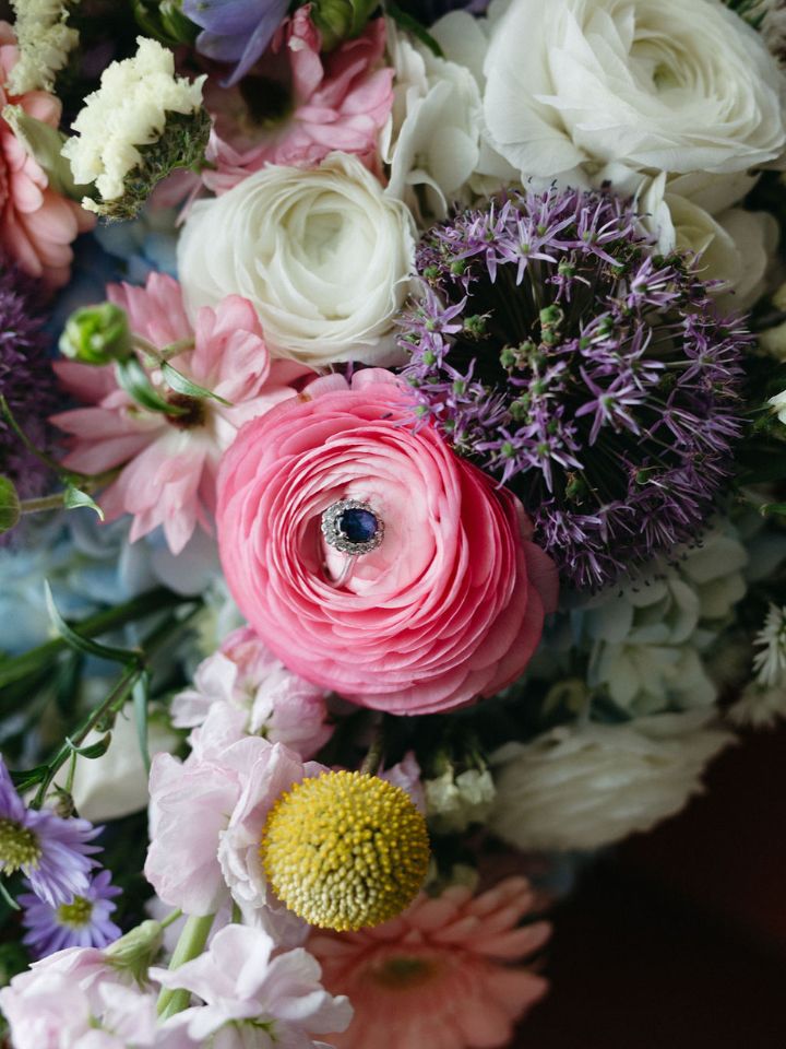 Closeup of spring florals in pink, white, purple, yellow.