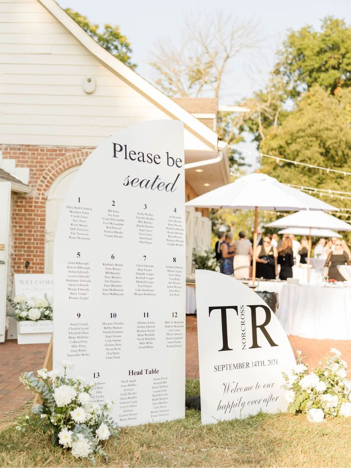 Large white seating chart sign with flower arrangements at base.