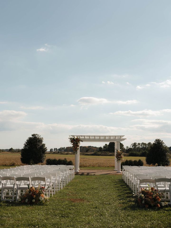View down the aisle for October wedding ceremony.
