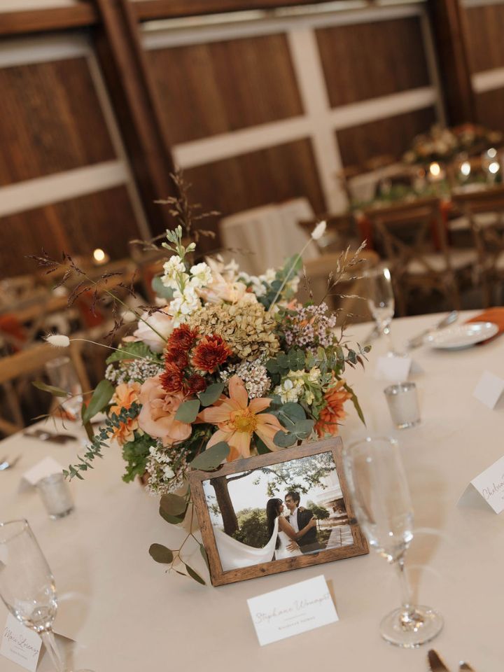 Table centerpiece with flower arrangement.
