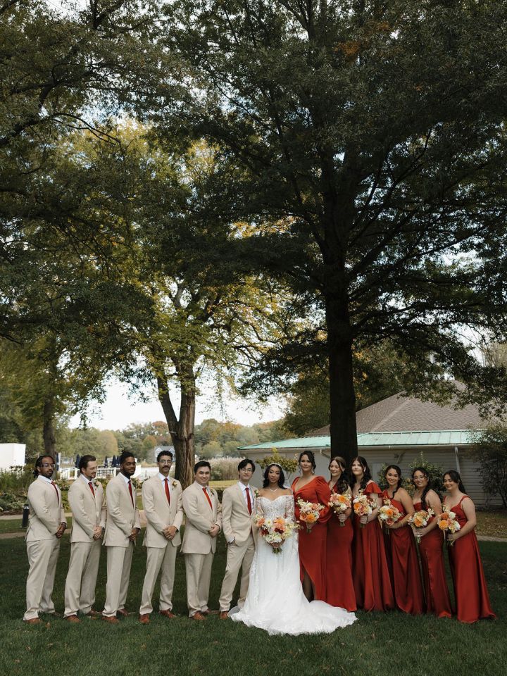 Wedding party lined up with bride and groom in center.