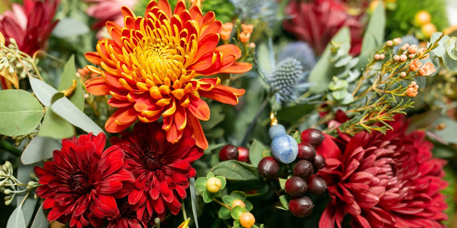 Closeup of fall flowers in rust red, dep orange, burgundy, navy blue.