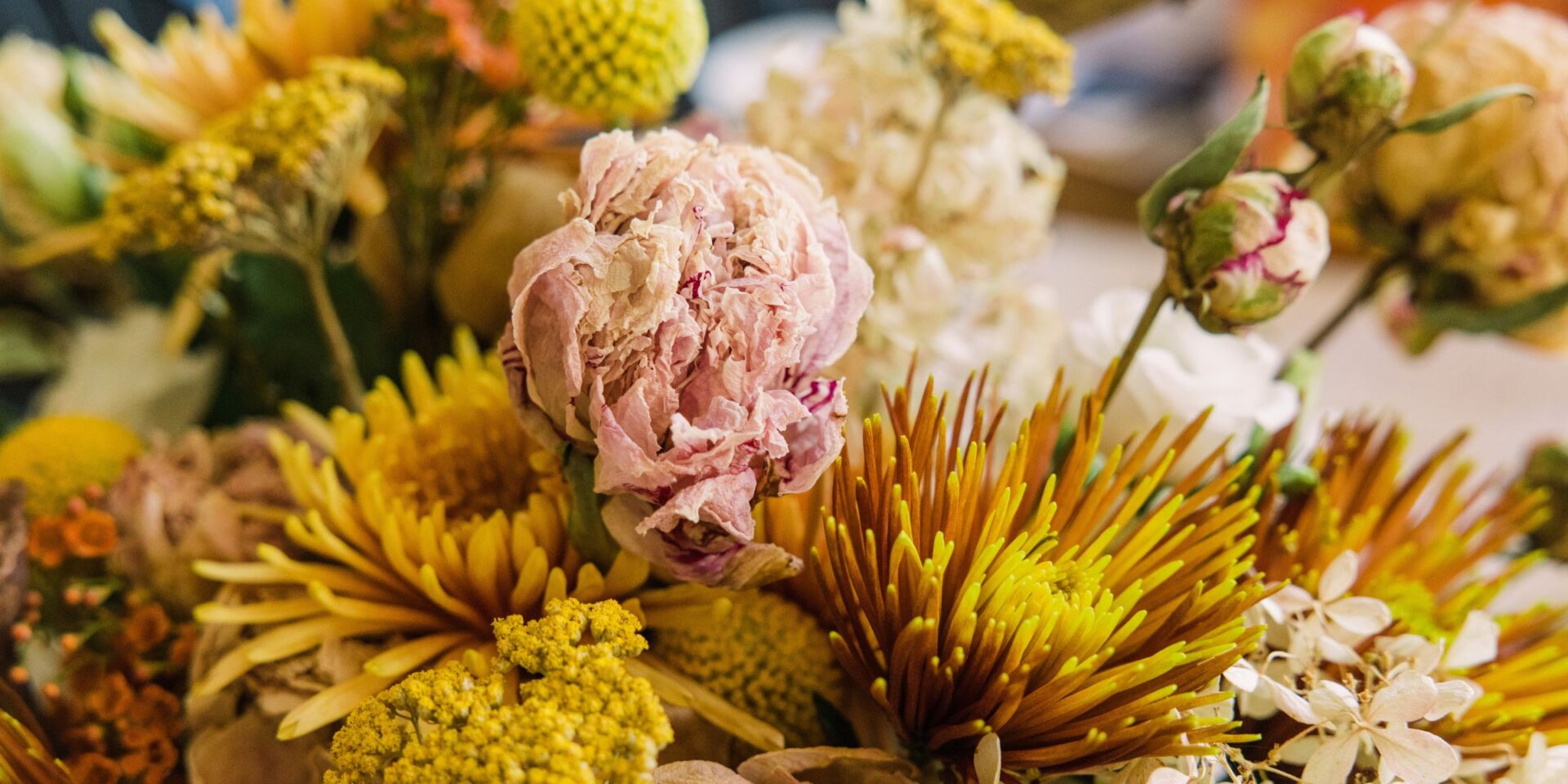 Closeup of fall flowers, including fresh and dried.