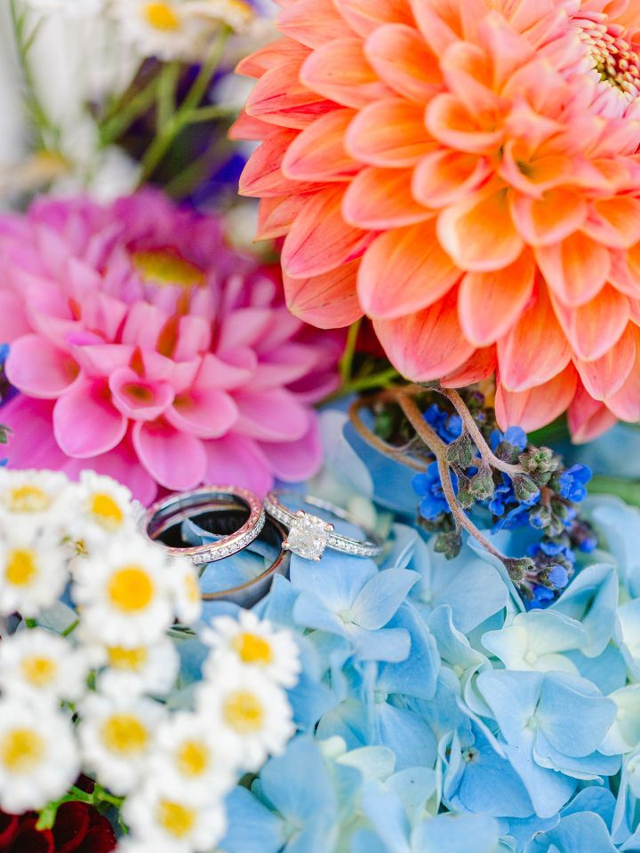 Engagement ring closeup sitting on blue hydrangea, with pink and orange dahlias and white and yellow feverfew daisies.