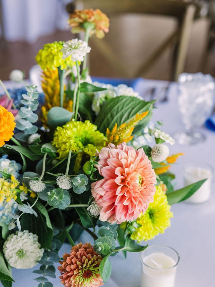 Detail of table centerpiece flower arrangement.