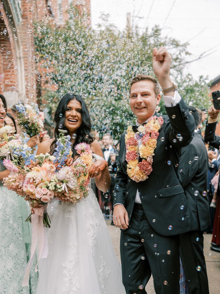 Baltimore wedding ceremony celebration with jai malas and bubbles.