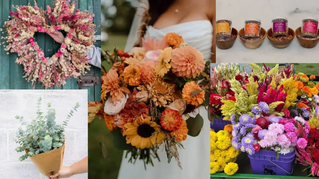 A collage of flower images from weddings, classes, and more from Wildly Native Flower Farm