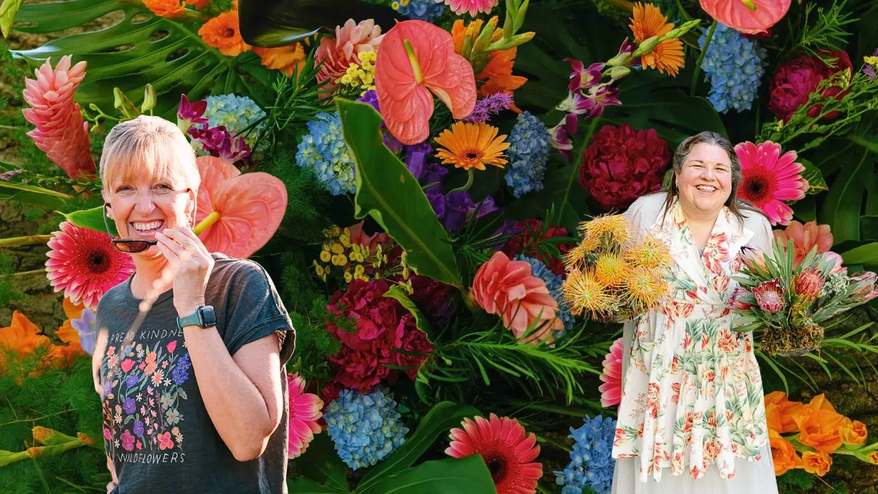 Graphic of Liza from Wildly Native Flower Farm and Sarah Campbell from Intrigue Designs on a floral backdrop