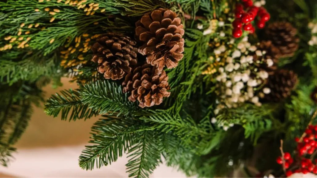 Up close image of a pinecone and a winter green