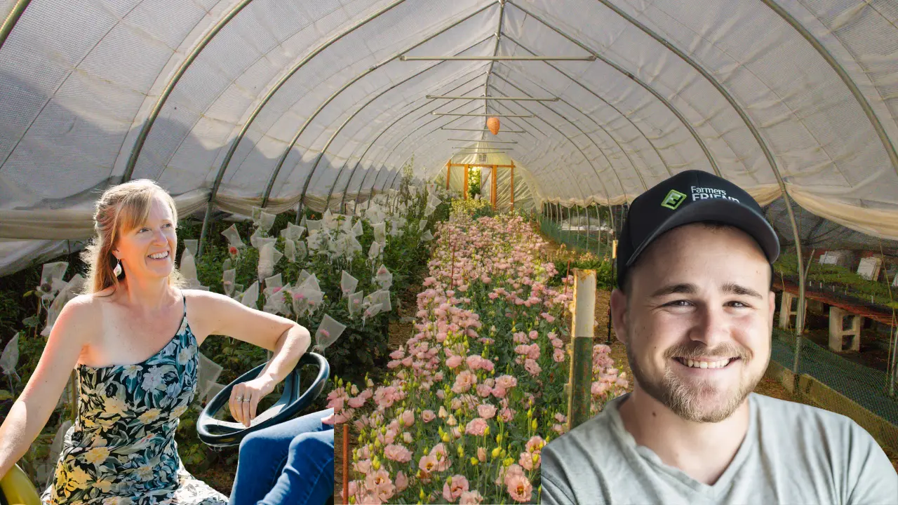 Liza and Jonathan from Farmers Friend superimposed over a photo of a hoop house at Wildly Native Flower Farm